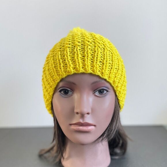 Handmade Knit Pom Pom Hat Yellow - Picture 6 of 7